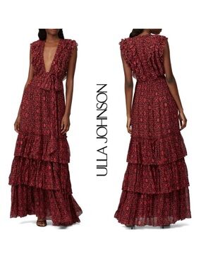 💃 Ulla Johnson Adelina Silk Gown Sz: 6 Maxi Dress in Red/Black 🥀